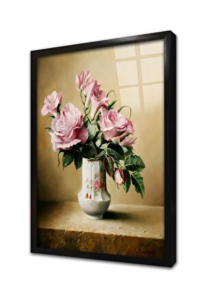 Vazoda Güller Çerçeveli Cam Tablo