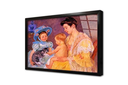 Kediyle Oynayan Çocuklar Çerçeveli Cam Tablo
