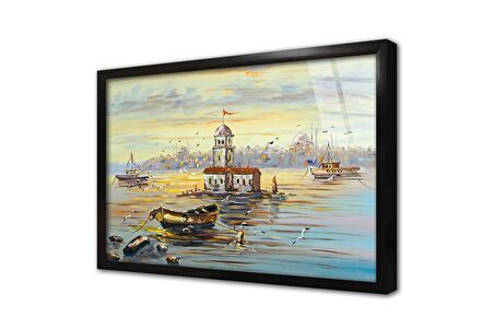 İstanbul Sandallar ve Kız Kulesi Çerçeveli Cam Tablo