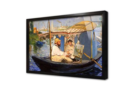 Monet Teknede Resim Yapıyor Manet Çerçeveli Cam Tablo