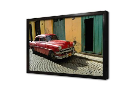 Kübada Kırmızı Klasik Araba Çerçeveli Cam Tablo