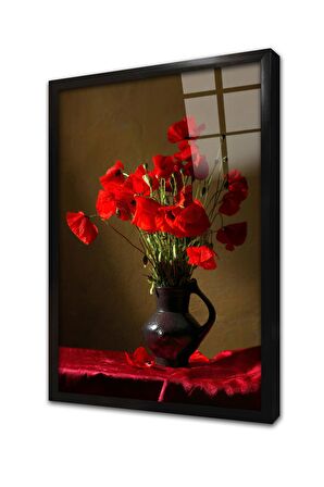 Vazoda Kırmızı Çiçekler Çerçeveli Cam Tablo