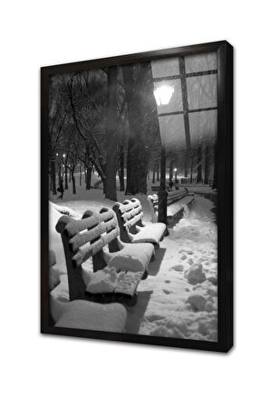 Gece Karlar Altında Banklar Çerçeveli Cam Tablo