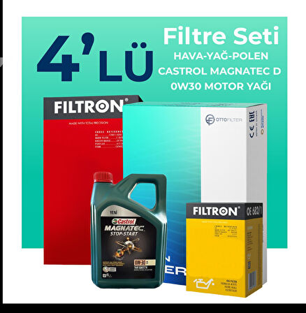 Filtron Peugeot 208 1.6 BlueHDi Dizel Filtre Bakım Seti Castrol Motor Yağlı (2016-2019) 4 Lü