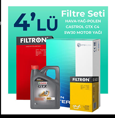 Filtron Renault Symbol 1.0 Benzin TCe Filtre Bakım Seti Castrol Motor Yağlı (2017-2021) 4 Lü