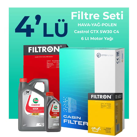 Filtron Renault Clio 1.3 Benzin TCe Filtre Bakım Seti Castrol Motor Yağlı (2019-2022) 4 Lü
