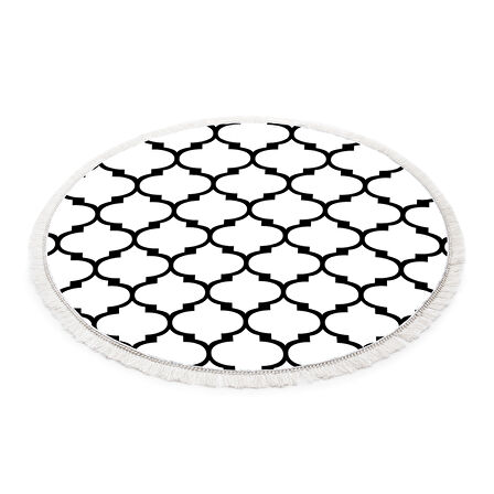 Dekoreko İnci Halı Dijital Saçaklı Yuvarlak 2025 Beyaz-