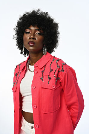 KADIN ROBASI TAŞ İŞLEMELİ DÜZ RENK GÖMLEK-CEKET