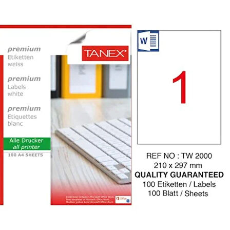 Tanex Etiket 210X297 100Lü Tw-2000 A4 etiket