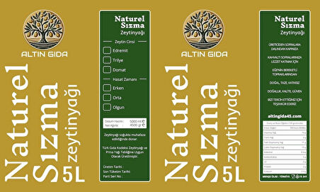 5 Litre Zeytinyağı (Erken Hasat - Naturel Sızma - Edremit Cinsi)