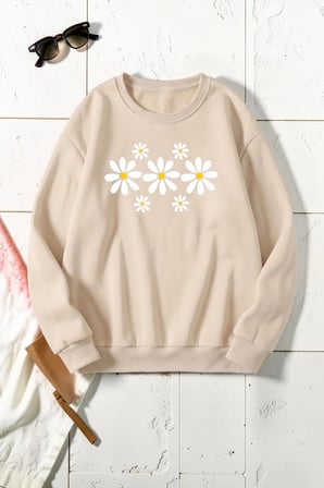 Unisex Flowers Kalp Baskılı Bisiklet Yaka Sweatshirt