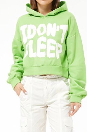 Kapüşonlu Baskılı Crop Sweatshirt