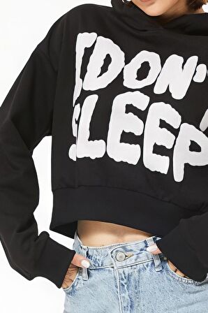 Kapüşonlu Baskılı Crop Sweatshirt