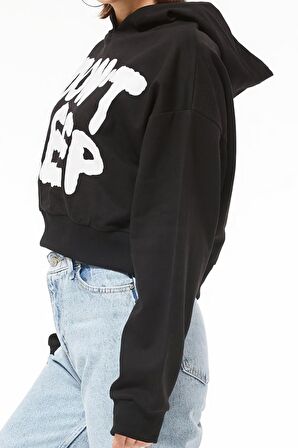 Kapüşonlu Baskılı Crop Sweatshirt