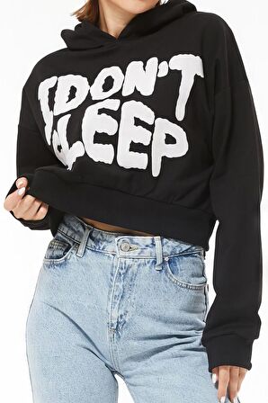 Kapüşonlu Baskılı Crop Sweatshirt