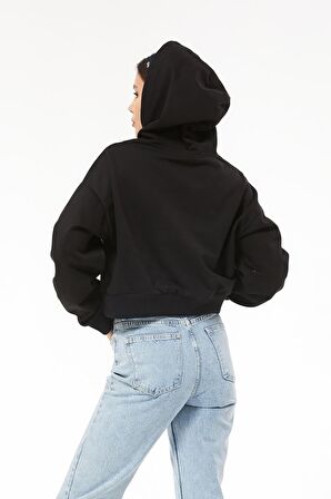 Kapüşonlu Baskılı Crop Sweatshirt