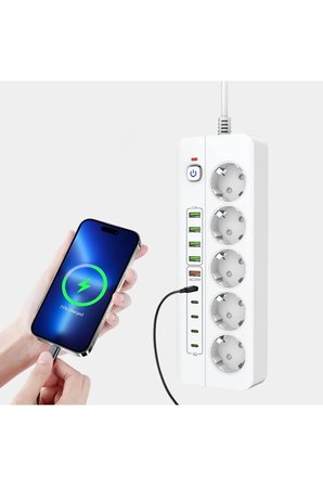 5'Li Priz 4X USB 5X PD Şarj Termal Isı Korumalı Priz 2 Metre Kablo Çoklu Grup Priz