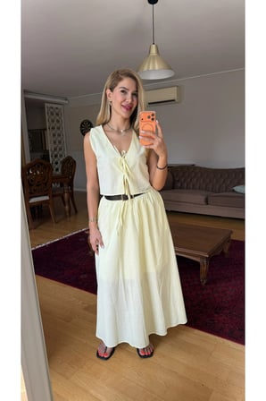 Ekru Keten Bağlamalı Yelek Etek Takım