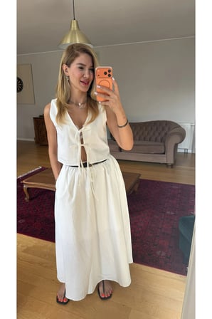 Ekru Keten Bağlamalı Yelek Etek Takım