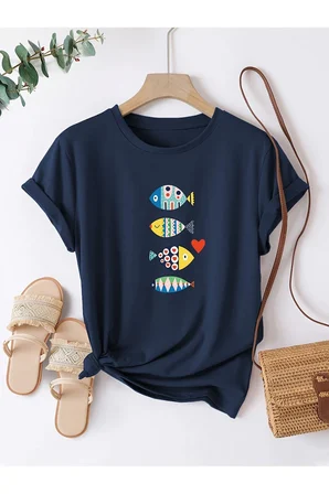 Unisex Renkli Balıklar Baskılı Tasarım Tshirt