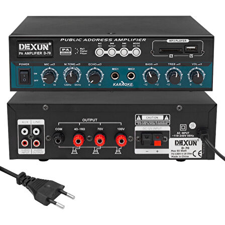 Dexun D-70 USB SD AUX Bluetooth Destekli 50 Watt 100 Volt 4-16 Ohm Hat Trafolu Anfi Cami Toplantı Konferasn Salonu İçin Amfi