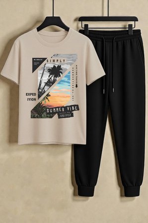Unisex Summer Vıbe Baskılı Tasarım Tshirt - 2'li Eşofman Takımı