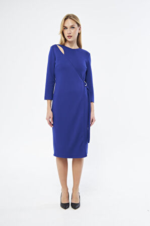 Picacy Yuvarlak Yaka Diz Altı Regular Fit Mavi Renk Elbise