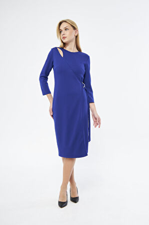 Picacy Yuvarlak Yaka Diz Altı Regular Fit Mavi Renk Elbise