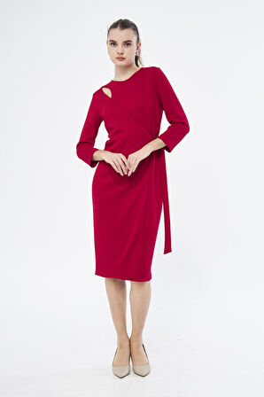 Picacy Yuvarlak Yaka Diz Altı Regular Fit Kırmızıi Renk Elbise