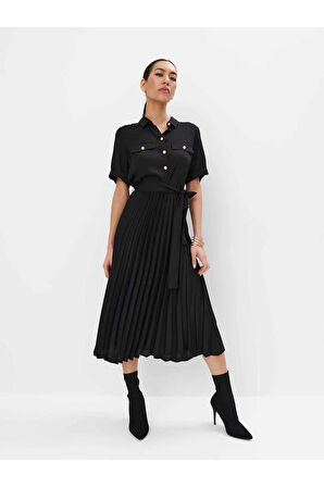 Pina Gömlek Yaka Uzun Boy Regular Fit Siyah Renk Elbise