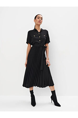 Pina Gömlek Yaka Uzun Boy Regular Fit Siyah Renk Elbise