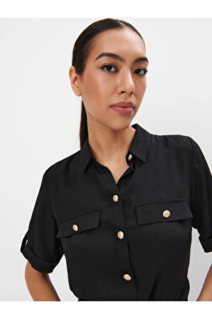 Pina Gömlek Yaka Uzun Boy Regular Fit Siyah Renk Elbise