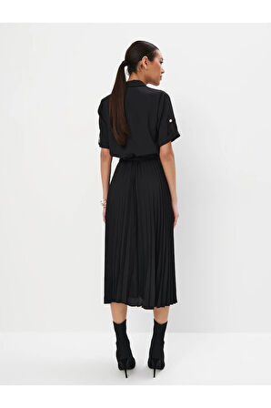 Pina Gömlek Yaka Uzun Boy Regular Fit Siyah Renk Elbise