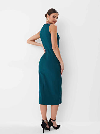 Stenlose Bisiklet Yaka Uzun Boy Sıfır Kol Regular Fit Yeşil Renk Elbise