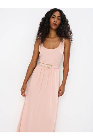 Raos Elbi̇se Geniş Yaka Sıfır Kol Uzun Boy Regular Fit Pudra Renk Elbise