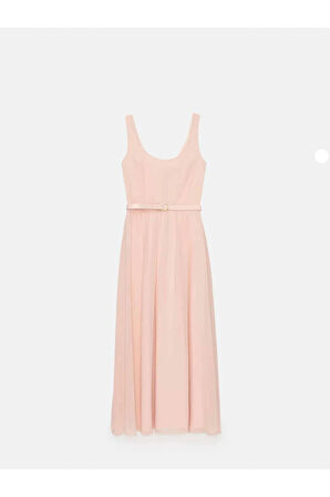 Raos Elbi̇se Geniş Yaka Sıfır Kol Uzun Boy Regular Fit Pudra Renk Elbise