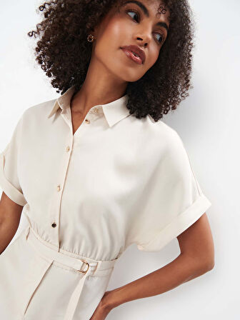 Pi̇qe Elbi̇se Gömlek Yaka Kısa Kol Diz Üstü Regular Fit Beyaz Renk Elbise