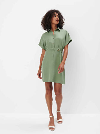 Pi̇qe Elbi̇se Gömlek Yaka Kısa Kol Diz Üstü Regular Fit Haki Renk Elbise
