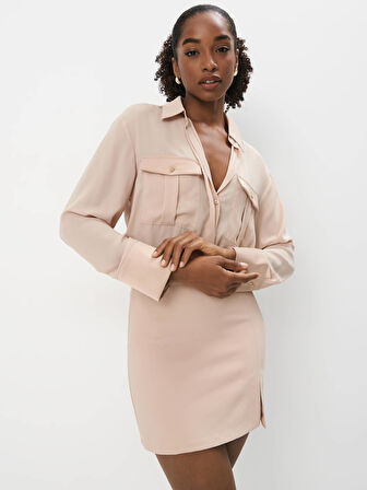 Sanc Elbi̇se Gömlek Yaka Kısa Boy Regular Fit Krem Renk Elbise