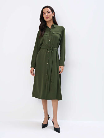 Aquer Elbi̇se Gömlek Yaka Uzun Boy Regular Fit Haki̇ Renk Elbise