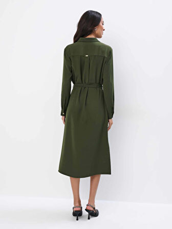 Aquer Elbi̇se Gömlek Yaka Uzun Boy Regular Fit Haki̇ Renk Elbise