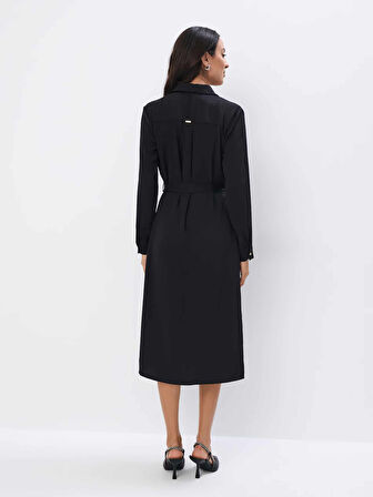 Aquer Elbi̇se Gömlek Yaka Uzun Boy Regular Fit Siyah Renk Elbise