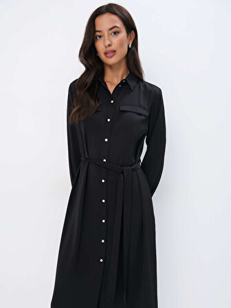 Aquer Elbi̇se Gömlek Yaka Uzun Boy Regular Fit Siyah Renk Elbise