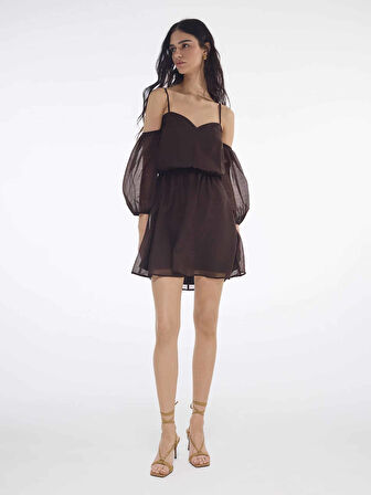 BERS  Regular Fit Straplez Kısa Boy Kahverengi Renk Elbise