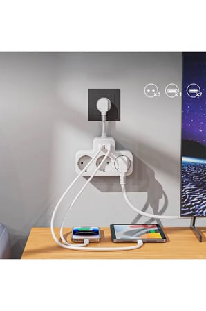 Çoklu Kablolu Priz Yüksek Gerilim Korumalı 3'LÜ Priz 1X USB 2X Type-C Çıkışlı Grup Priz Çoğaltıcı