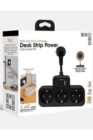 Çoklu Kablolu Priz Yüksek Gerilim Korumalı 3'LÜ Priz 1X USB 2X Type-C Çıkışlı Grup Priz Çoğaltıcı