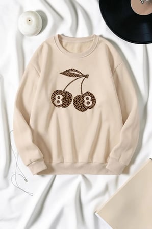 Unisex Leopar Desenli Kiraz Baskılı Bisiklet Yaka Sweatshirt