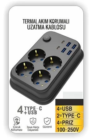 Akım Korumalı 4’lü Priz 2x USB-C 4x USB-A Şarj 2m Kablo Uzatma Çocuk Korumalı Çoklu Priz