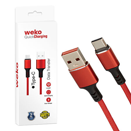 Weko WK-22024 Usb To Type-C Örgülü Kırmızı Şarj Kablosu 1 Metre Şarj Aleti Kablosu