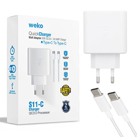 Weko WK-21440 25 Watt Cep Telefonu Şarj Aleti Adaptörü Type-c Kablolu İki Ucu Type-c